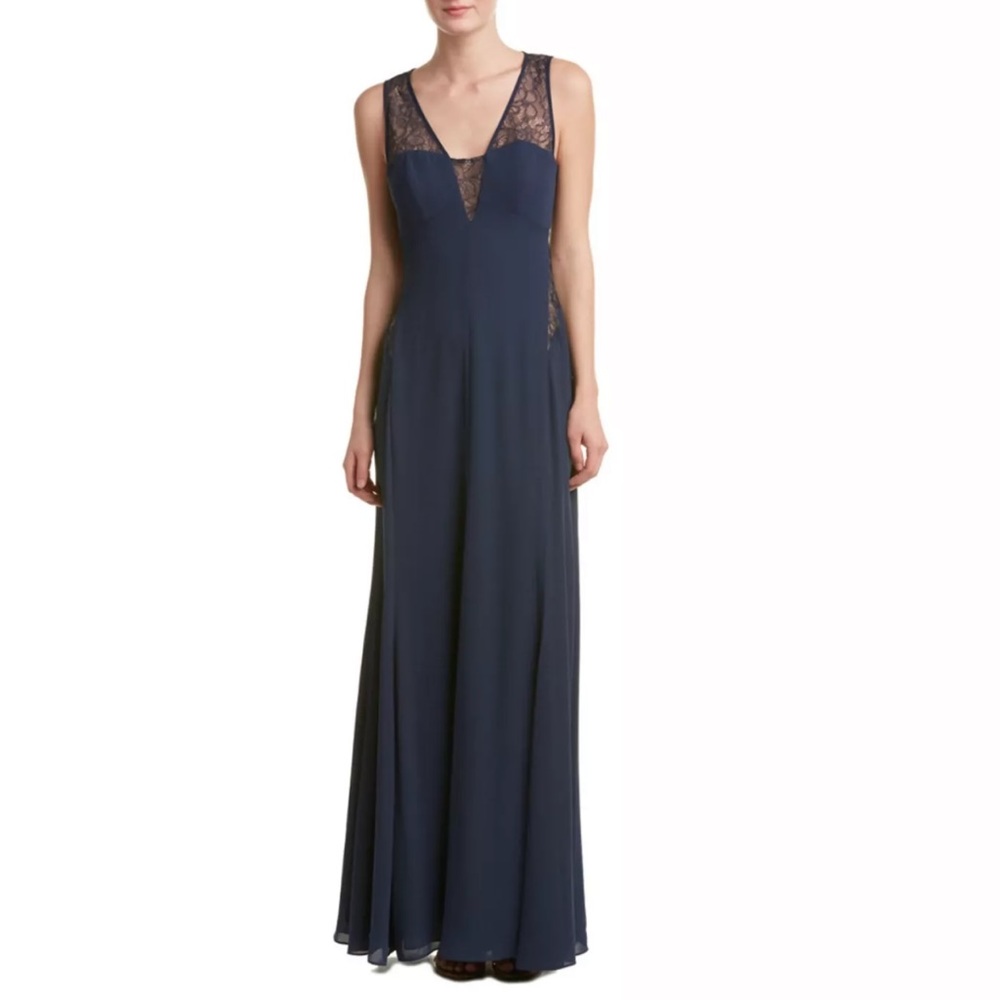 BCBG Max Azria Ariel blue navy sleeveless gown chiffon lace dress size 4
